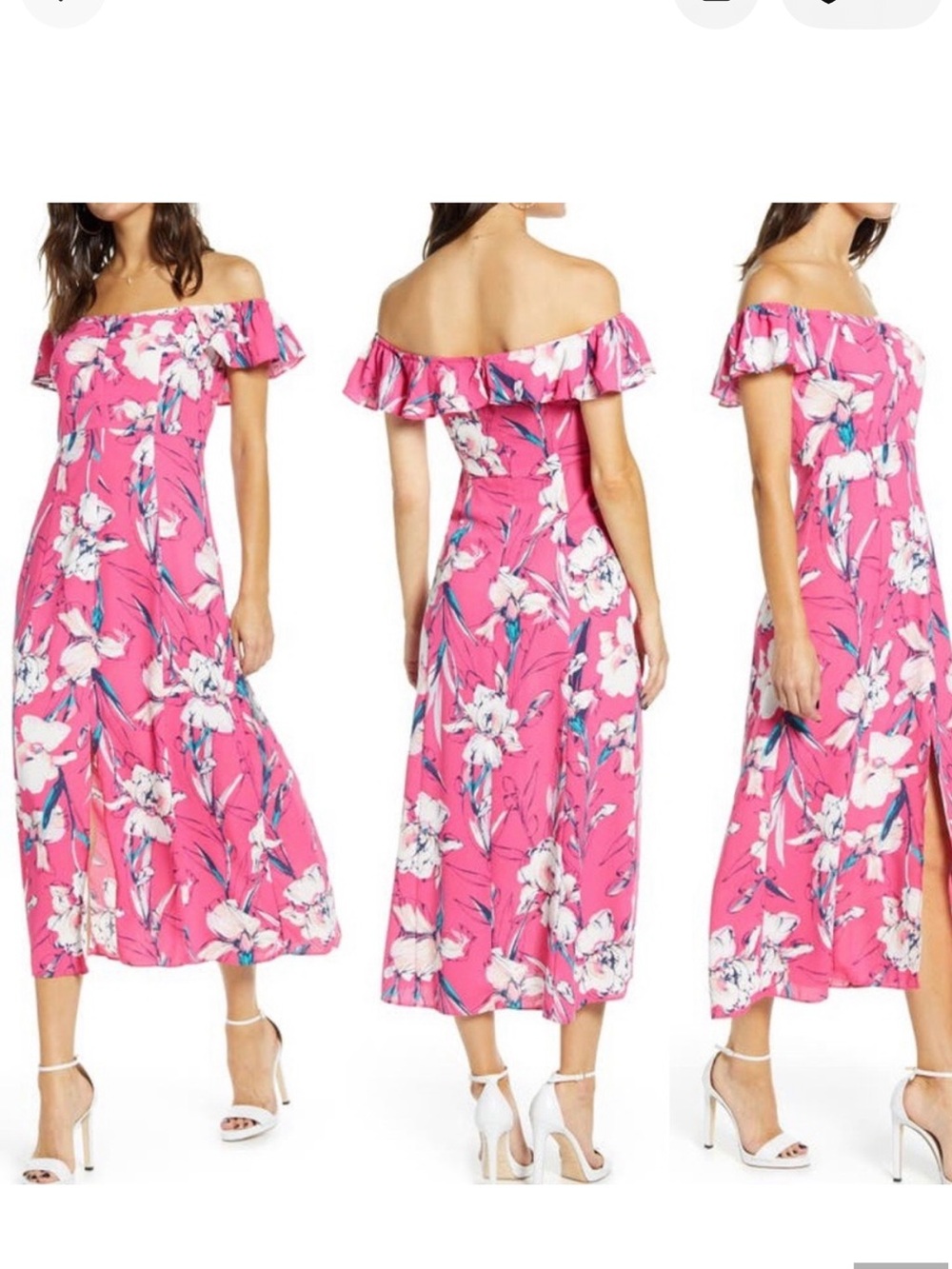 LEITH Floral Flounce Detail, Pink Off the Shoulder Midi Dress Hawaiian Tropical